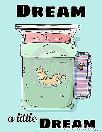 Dream a little dream. Cute cat lying on the bed belly up. Top view. Cartoon style image Vector Illustration