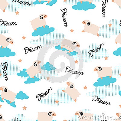 Dream Sheep Jump in the Cloud Vector Art Seamless Pattern Vector Illustration