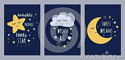 Dream sleep cards set for baby design Cute sleepy moon star cloud kids character vector Cartoon Illustration