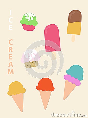 Colorful different ice cream collection vector illustration isolated on white background. Vector Illustration