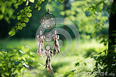 Dreamcatcher, american native amulet in forest. Shaman Stock Photo