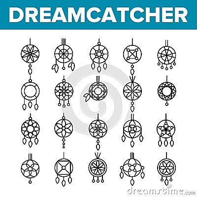 Dreamcatcher, Amulet Vector Thin Line Icons Set Vector Illustration