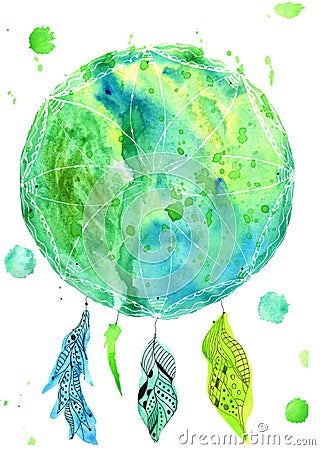 Dreamcatcher amulet watercolor painting handmade art. Spiritual art Stock Photo