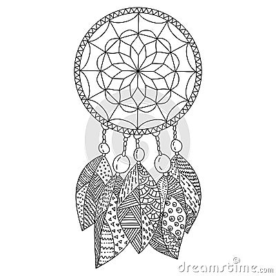 Dreamcatcher coloring page, amulet with five patterned zen feathers and large beads Vector Illustration