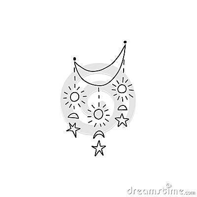 Dreamcatcher concept. The moon is decorated with various celestial elements. Stars descend from the moon in garlands. Vector stock Vector Illustration