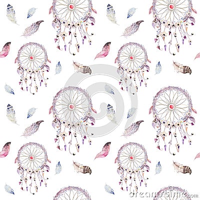 Dreamcatcher and feather pattern. Watercolor bohemian decoration Stock Photo