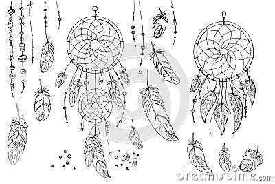 Dreamcatcher hippie decoration tattoo vector line. Boho style, beads and feathers. Vector Illustration