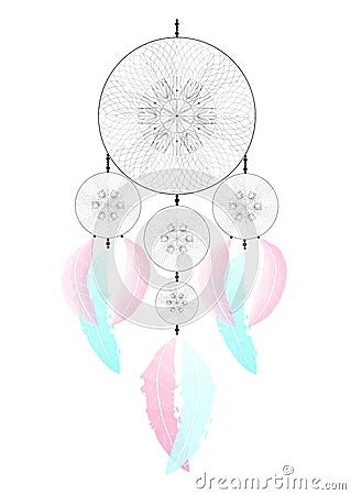 Dreamcatcher pink blue feathers white background. Native american indian. Vector Illustration