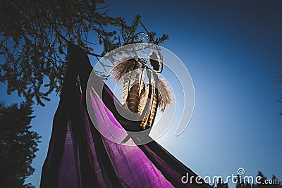 Dreamcatcher and Purple Fabric Hanging On Tree Stock Photo