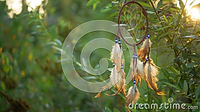 Dreamcatcher at sunset with copy space, symbol, tradition, signs. boho style Stock Photo