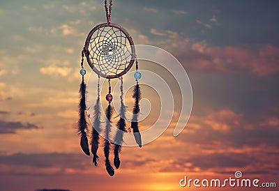 Dreamcatcher sunset sky, boho chic, ethnic amulet symbol Indigenous Peoples Day Stock Photo