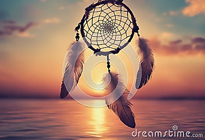 Dreamcatcher sunset sky, boho chic, ethnic amulet symbol Indigenous Peoples Day Stock Photo