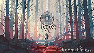 the dreamcatcher of the mysterious forest Cartoon Illustration