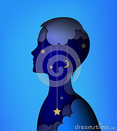 Dreamer concept, layers picture, Young boy silhouette with night sky inside, Night dream idea, Vector Illustration