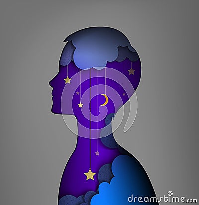 Dreamer concept, layers picture, Young boy silhouette with night sky inside, Night dream idea, Vector Illustration