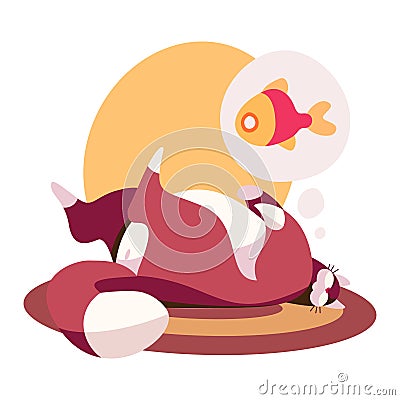 A dreaming cat envisions a fish, restful sleep with a floated thought bubble. Sleeping kitty dreams of catching fish Vector Illustration