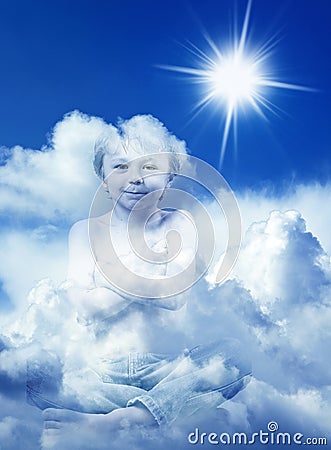Dreaming child on a sunny sky Stock Photo
