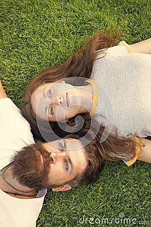 Dreaming concept. Dating. bearded hipster and girl carefree. Youth and freedom. Closer to nature. couple feel free Stock Photo