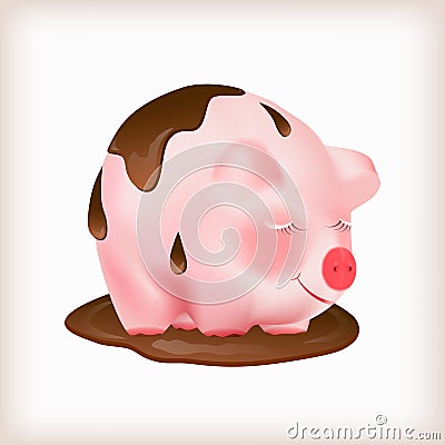 Dreaming cute pink pig standing in a puddle of melted black chocolate. Vector illustration Vector Illustration