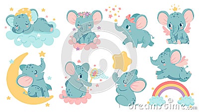 Dreaming elephant. Baby elephants sleep on cloud and moon, catch star or fly over rainbow. Magic animal girl with crown and wings Vector Illustration