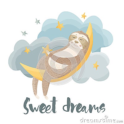 Cartoon sloth dreaming lazy bear Vector Illustration