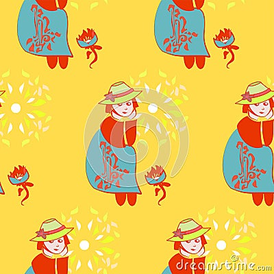 Dreaming Little Girls Repeat Pattern In Red, Yellow And Blue Vector Illustration