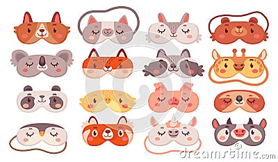 Dreaming masks. Blindfold with drawing cute animal or cat face, eyemask sleeping time for travel dream, pajama party Vector Illustration