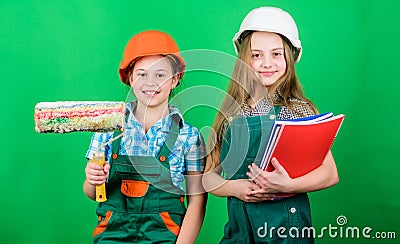 Dreaming about new playroom. Home improvement activities. Future profession. Kids girls planning renovation. Initiative Stock Photo