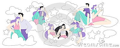Dreaming People Characters with Their Head in Clouds Having Fancy Imagination Vector Illustration Vector Illustration