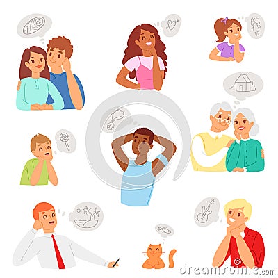Dreaming people vector dreamer man pensive woman character thinking about dreams illustration set of think imagination Vector Illustration