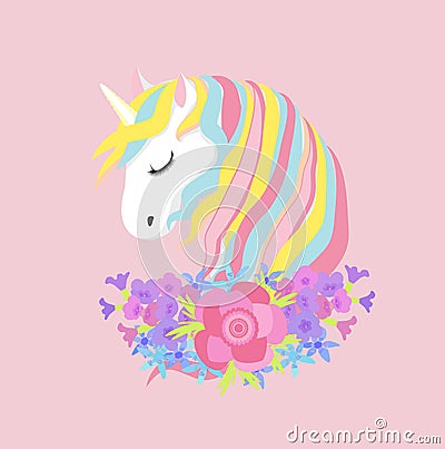 Dreaming unicorn with flowers on pink Vector Illustration