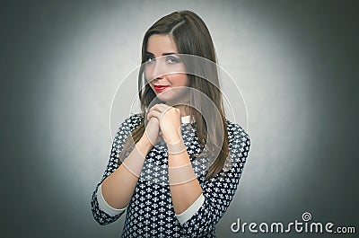 Dreaming woman. Shy modest girl portrait. Stock Photo