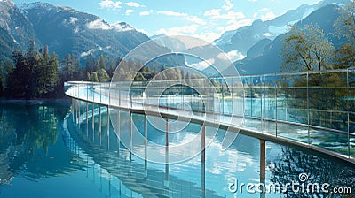 A dreamlike bridge made entirely of glass panes stretches over a serene lake offering a transparent path for travelers Stock Photo