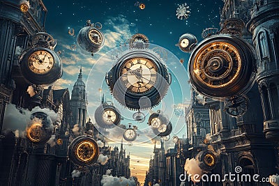 A dreamlike clockwork city where time runs in reverse, with floating gears, surreal architecture, Stock Photo