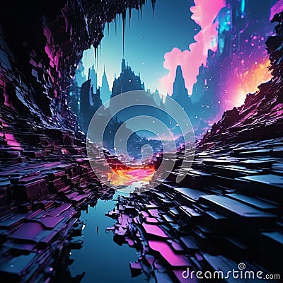 Dreamlike digital fissure, fracturing color and contrast, awakening a forgotten digital world Cartoon Illustration