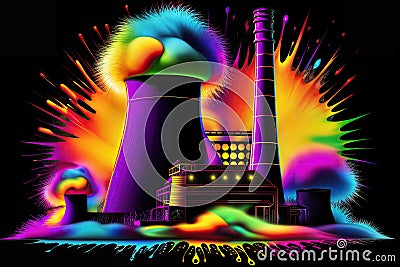 A dreamlike digital oil painting featuring a neon-lit nuclear power station, generative ai Stock Photo