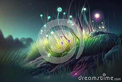 Dreamlike Fantasy World: Neon Sparkling Grass Illustration, generative ai Cartoon Illustration