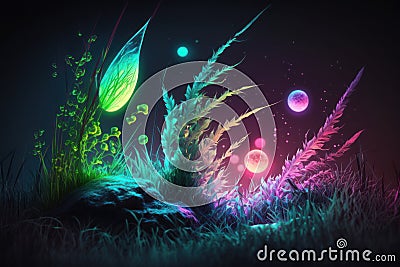 Dreamlike Fantasy World: Neon Sparkling Grass Illustration, generative ai Cartoon Illustration