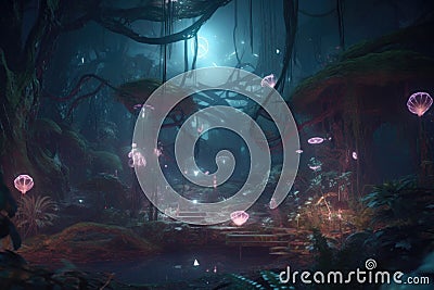 dreamlike forest with strange lights and otherworldly music, inhabited by alien creatures Stock Photo