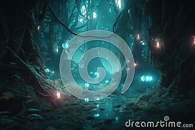 dreamlike forest with strange lights and otherworldly music, inhabited by alien creatures Stock Photo