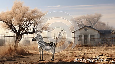 Dreamlike Grass Field With Zebra In Post-apocalyptic Backdrop Stock Photo