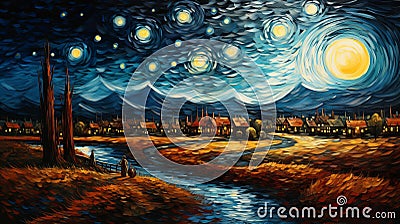 Dreamlike Illusionism: A Nighttime Town And Village Painting Stock Photo