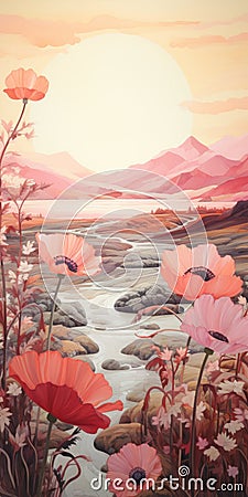 Dreamlike Illustration Of Poppy Fields And River: Native American And First Nations Art Cartoon Illustration