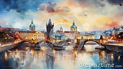 Dreamlike Prague: Captivating Impressionistic Painting of Historic Cityscape Stock Photo