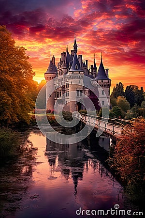 dreamlike scene featuring a fantasy castle set within a great landscape and illuminated by magical lighting. Stock Photo