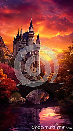 dreamlike scene featuring a fantasy castle set within a great landscape and illuminated by magical lighting. Stock Photo