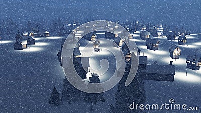 Dreamlike snowbound township at snowfall night Cartoon Illustration