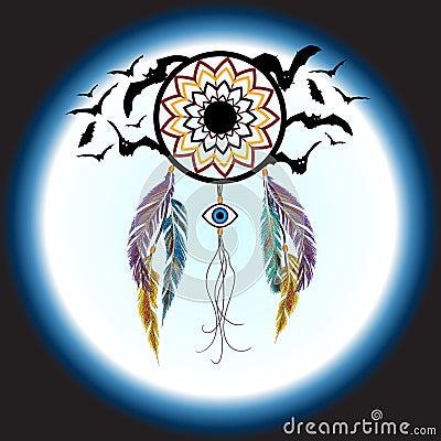 Dreams catcher with an amulet against the evil eye. Vector Illustration