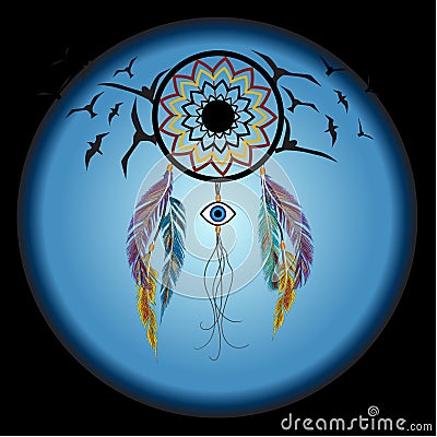 Dreams catcher with an amulet against the evil eye. Vector Illustration
