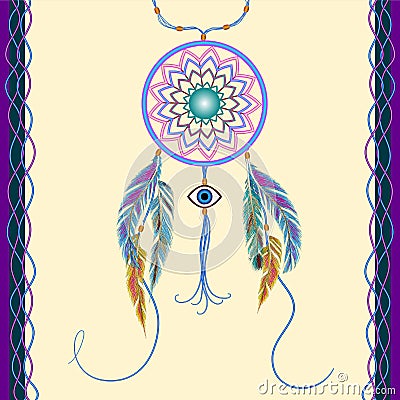 Dreams catcher with an amulet against the evil eye. Vector Illustration